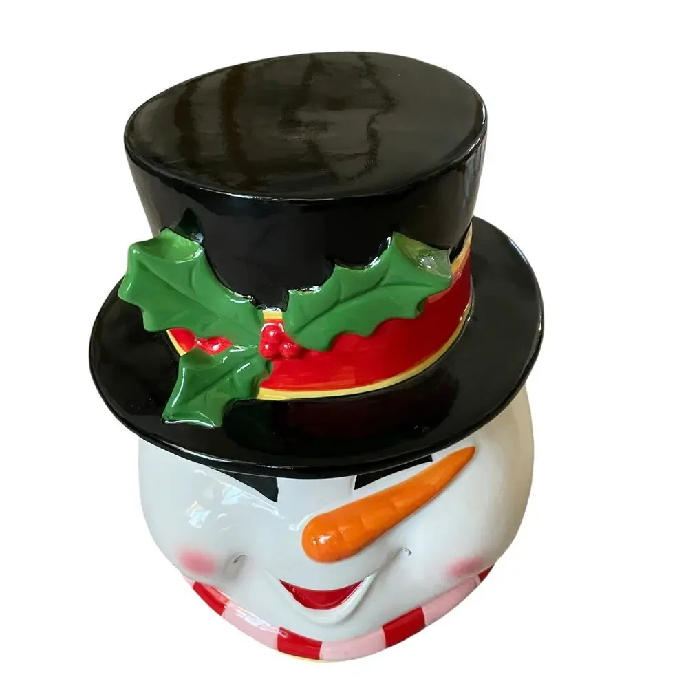 Christmas Cookie Jar Ceramic Snowman with Top Hat Lid Festive Kitchen Decor New